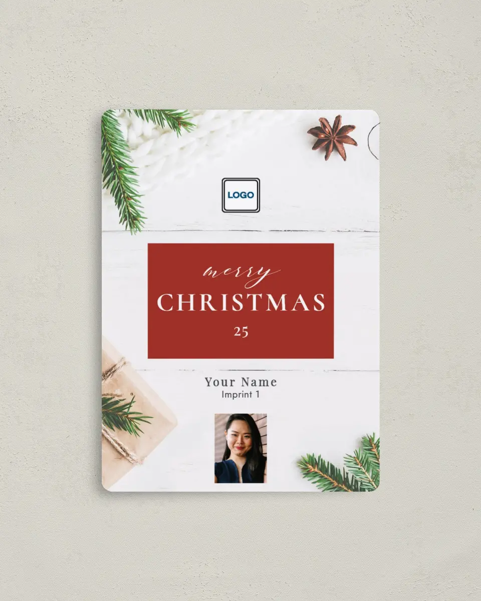 This is a 4" x 5½" Christmas Card called Merry Christmas printed in full color with Gold foil and a Luxe Satin finish