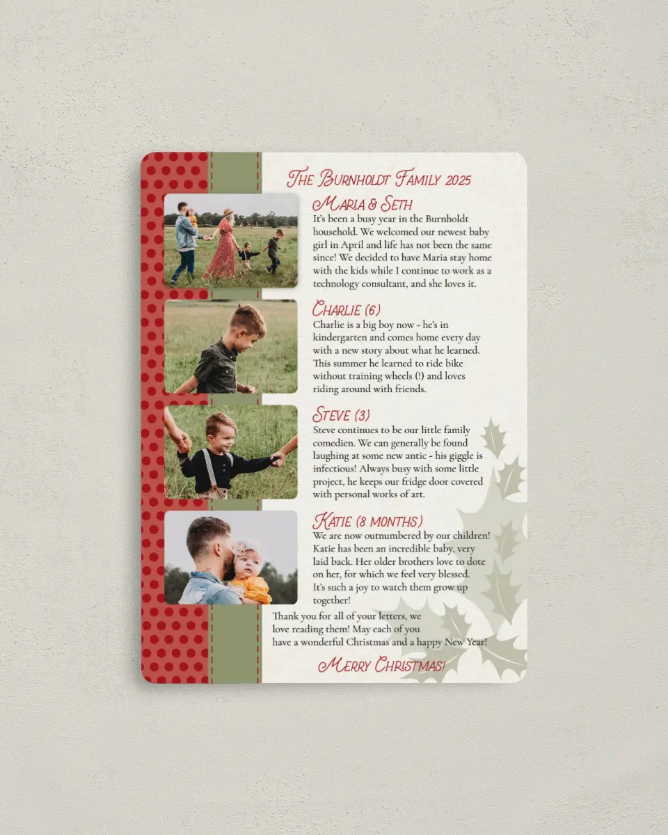 This is a 4" x 5½" Christmas Card called Family News printed in full color with Silver foil and a Luxe Satin finish