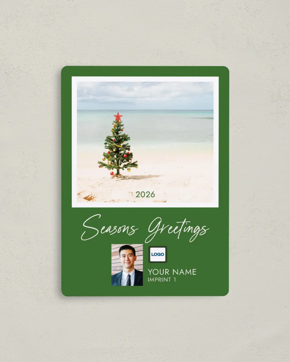 This is a 4" x 5½" Christmas Card called Destination : Beach printed in full color with a Luxe Satin finish