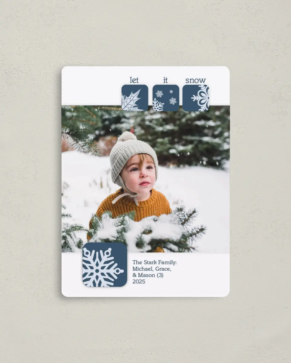 This is a 4" x 5½" Christmas Card called Snows a Fallin printed in full color with a Luxe Satin finish