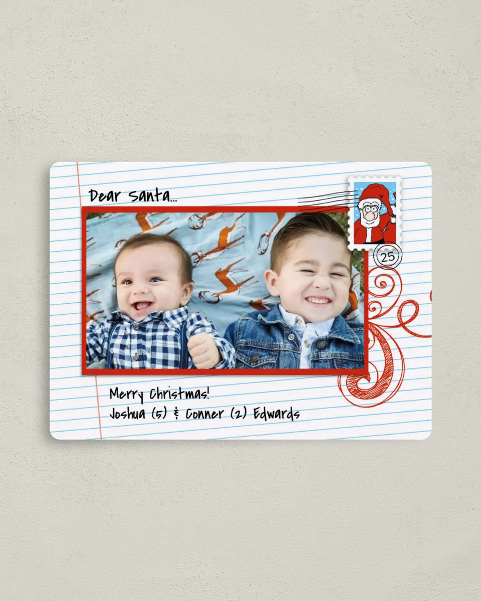 This is a 4" x 5½" Christmas Card called Dear Santa printed in full color with Silver foil and a Luxe Satin finish