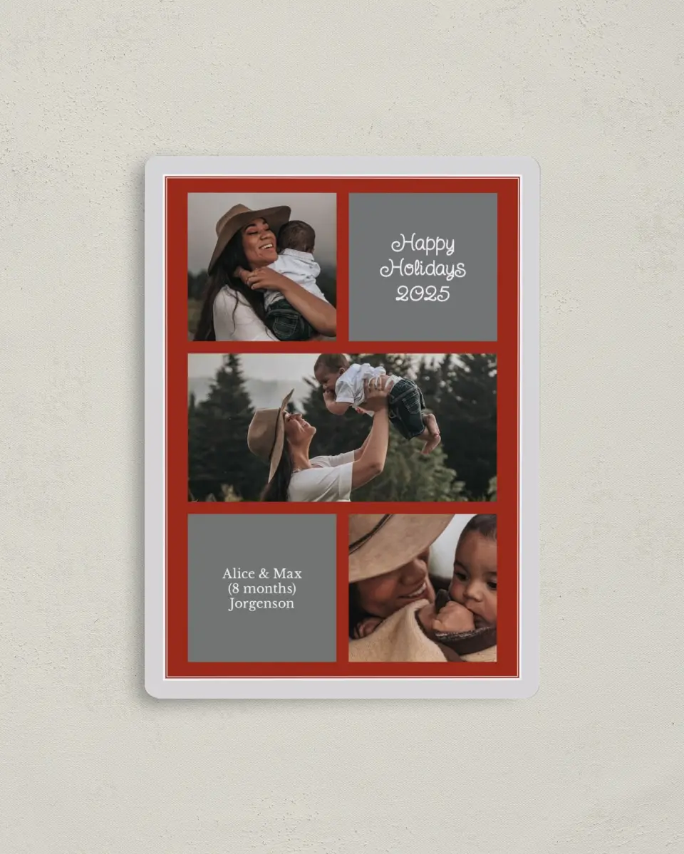 This is a 4" x 5½" Christmas Card called Holiday Blocks printed in full color with Silver foil and a Luxe Satin finish