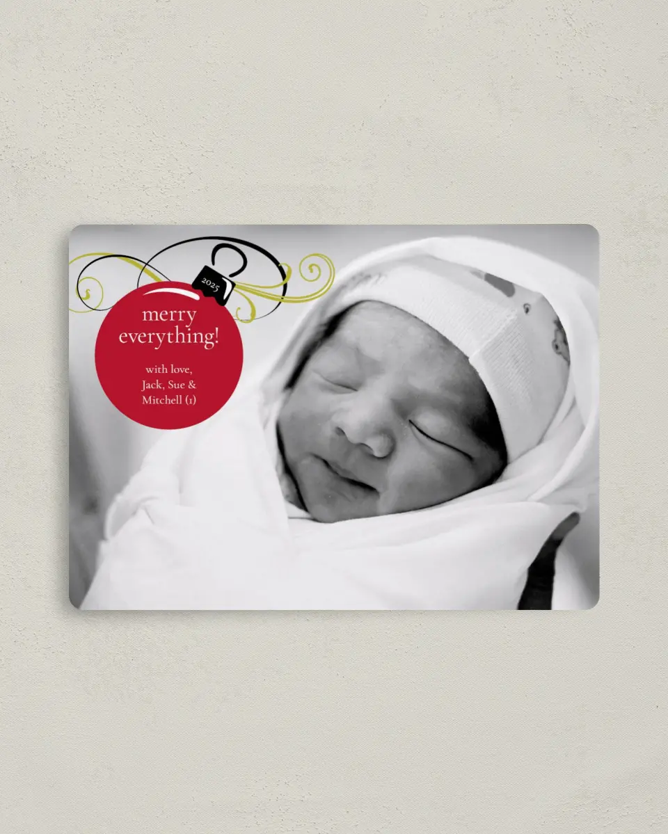 This is a 4" x 5½" Christmas Card called Christmas Bulb printed in full color with a Luxe Satin finish