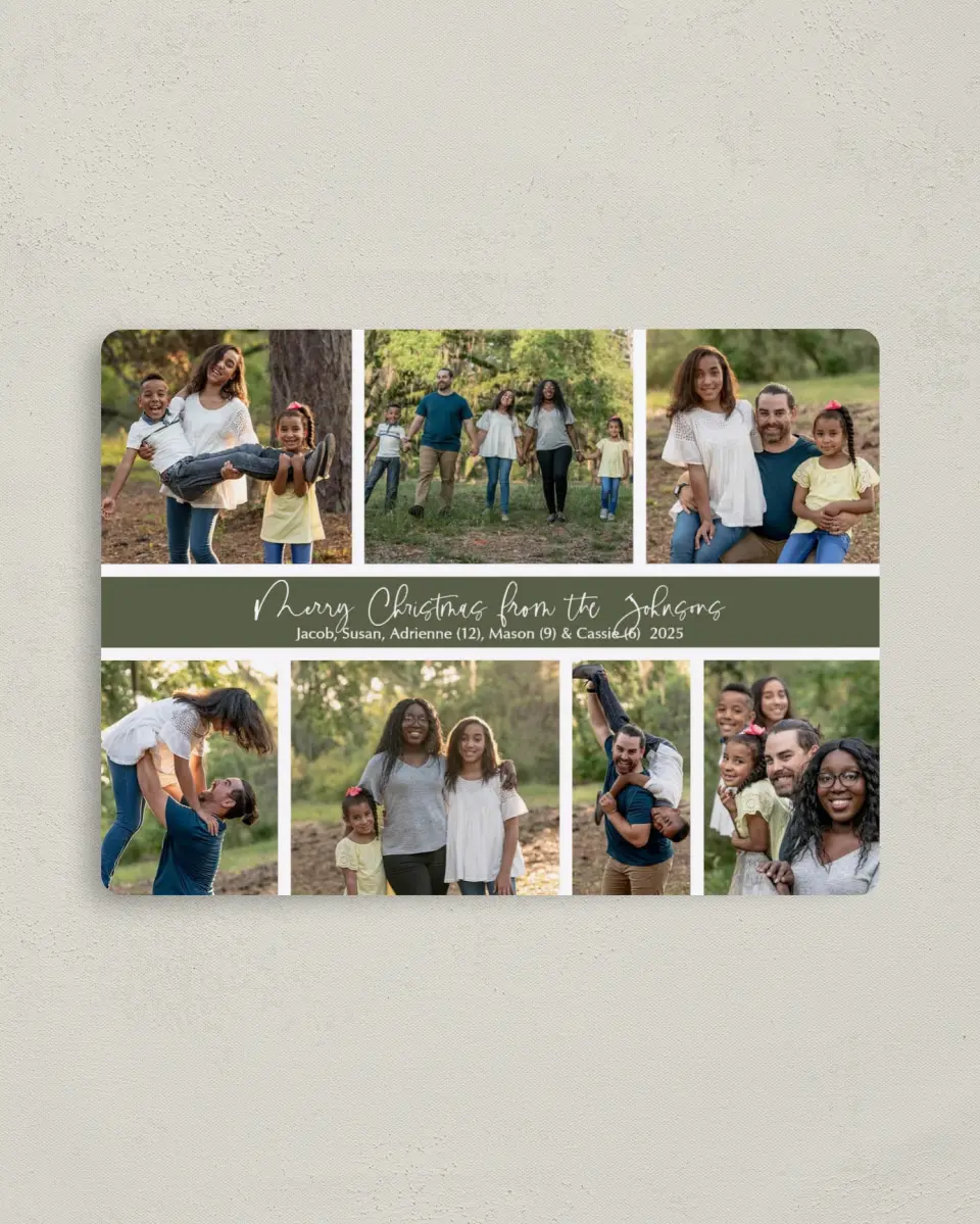 This is a 4" x 5½" Christmas Card called Christmas Banner printed in full color with Silver foil and a Luxe Satin finish