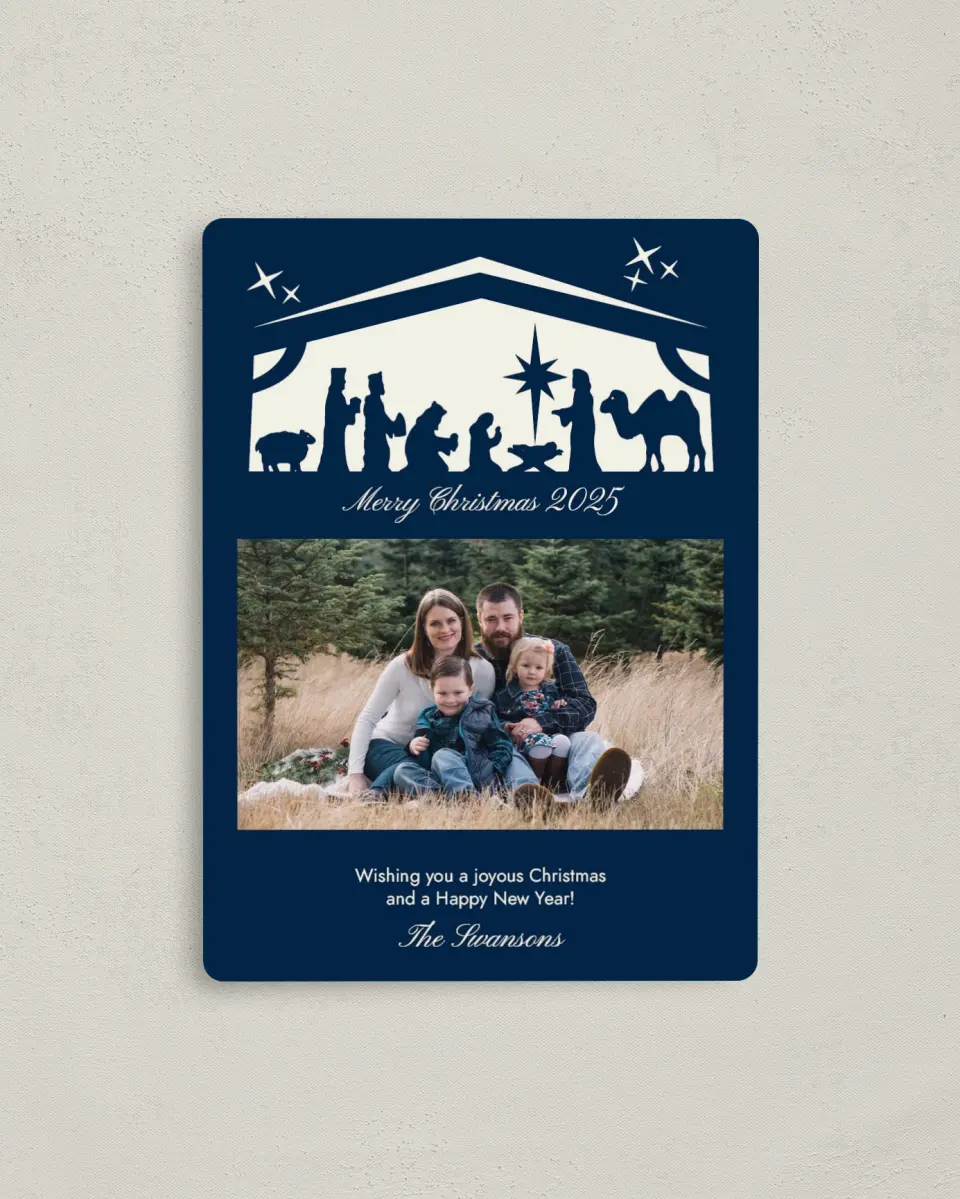 This is a 4" x 5½" Christmas Card called Christmas Nativity Scene printed in full color with Silver foil and a Luxe Satin finish