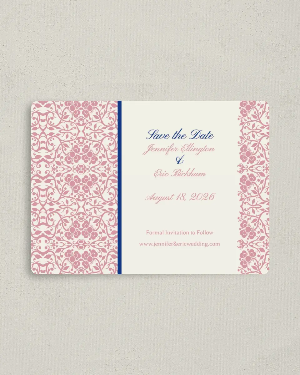 This is a 4" x 5½" Save the Date Magnet called Floral Ornament printed in full color with a Luxe Satin finish