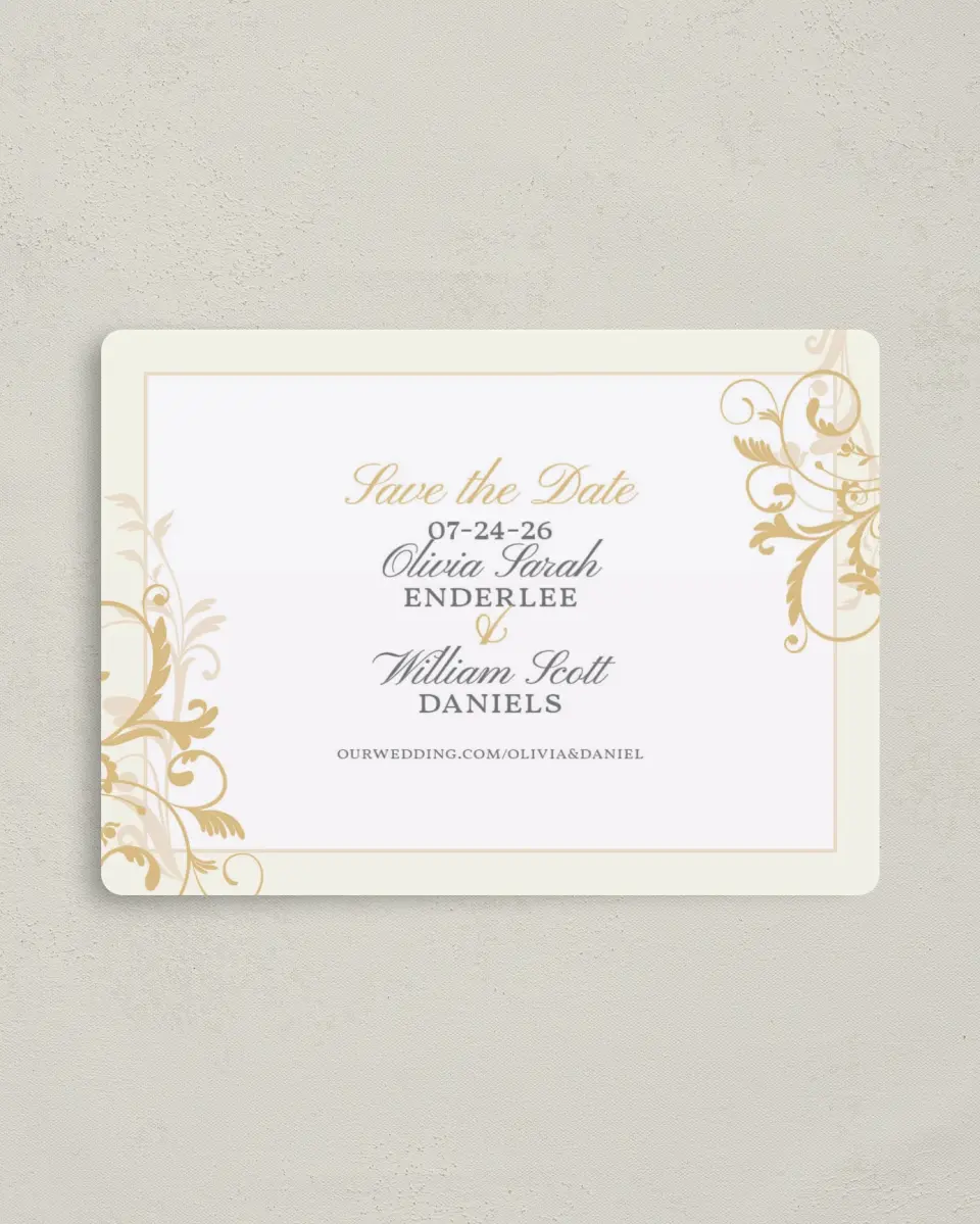 This is a 4" x 5½" Save the Date Magnet called Classic Allure printed in full color with a Luxe Satin finish