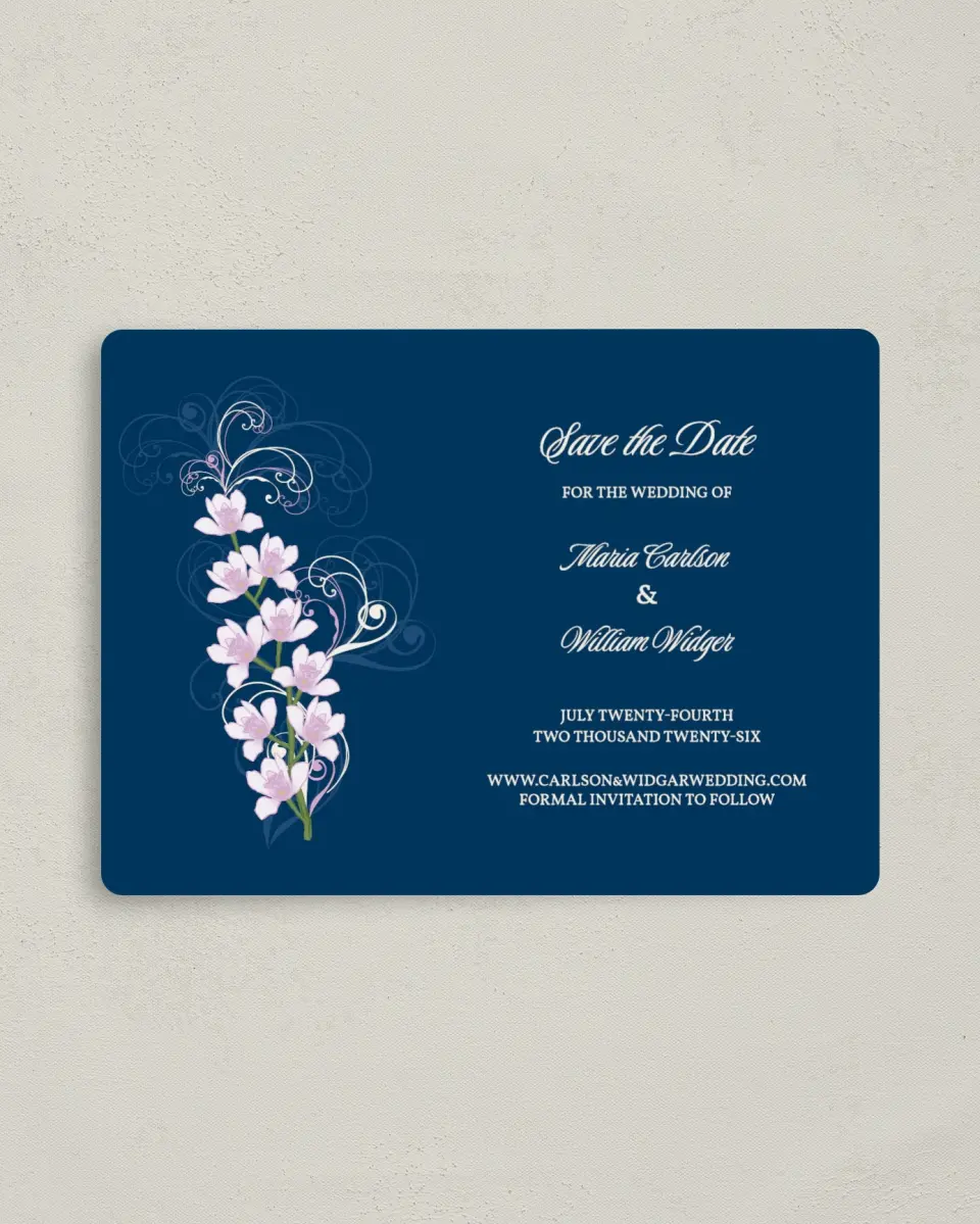 This is a 4" x 5½" Save the Date Magnet called Waking Beauty printed in full color with a Luxe Satin finish
