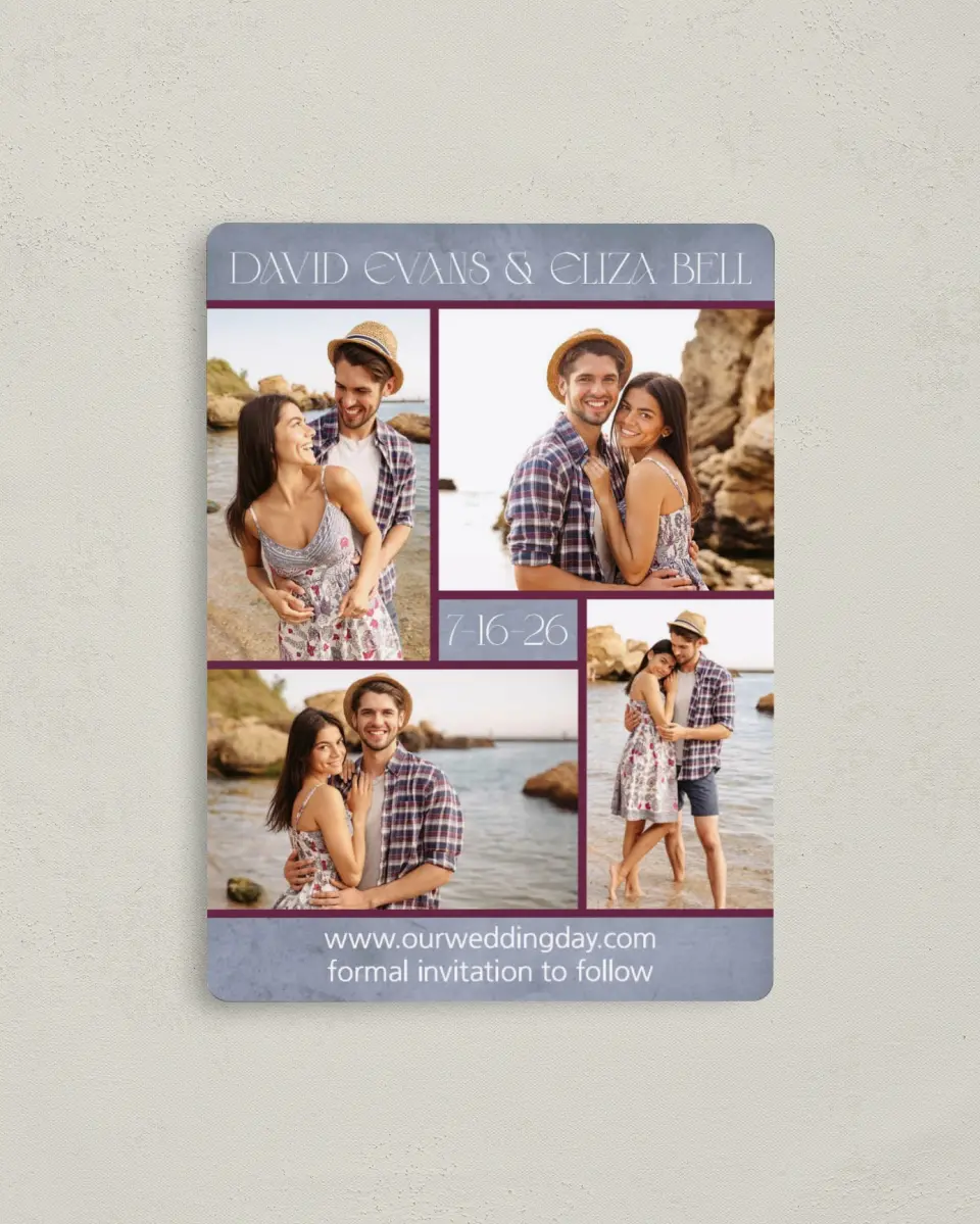 This is a 4" x 5½" Save the Date Magnet called Fetching Frames printed in full color with a Luxe Satin finish