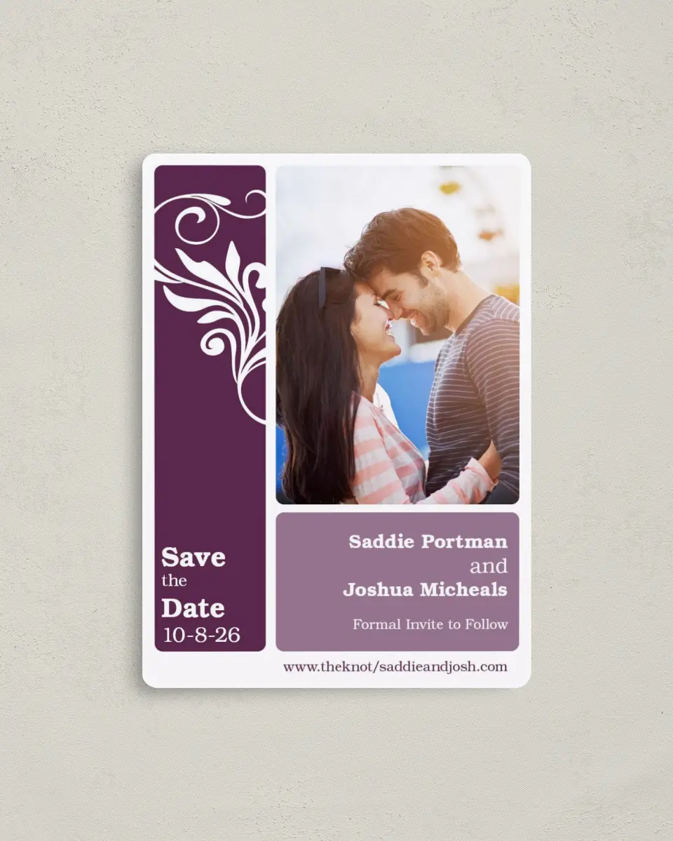 This is a 4" x 5½" Save the Date Magnet called Alluring Affection printed in full color with a Luxe Satin finish