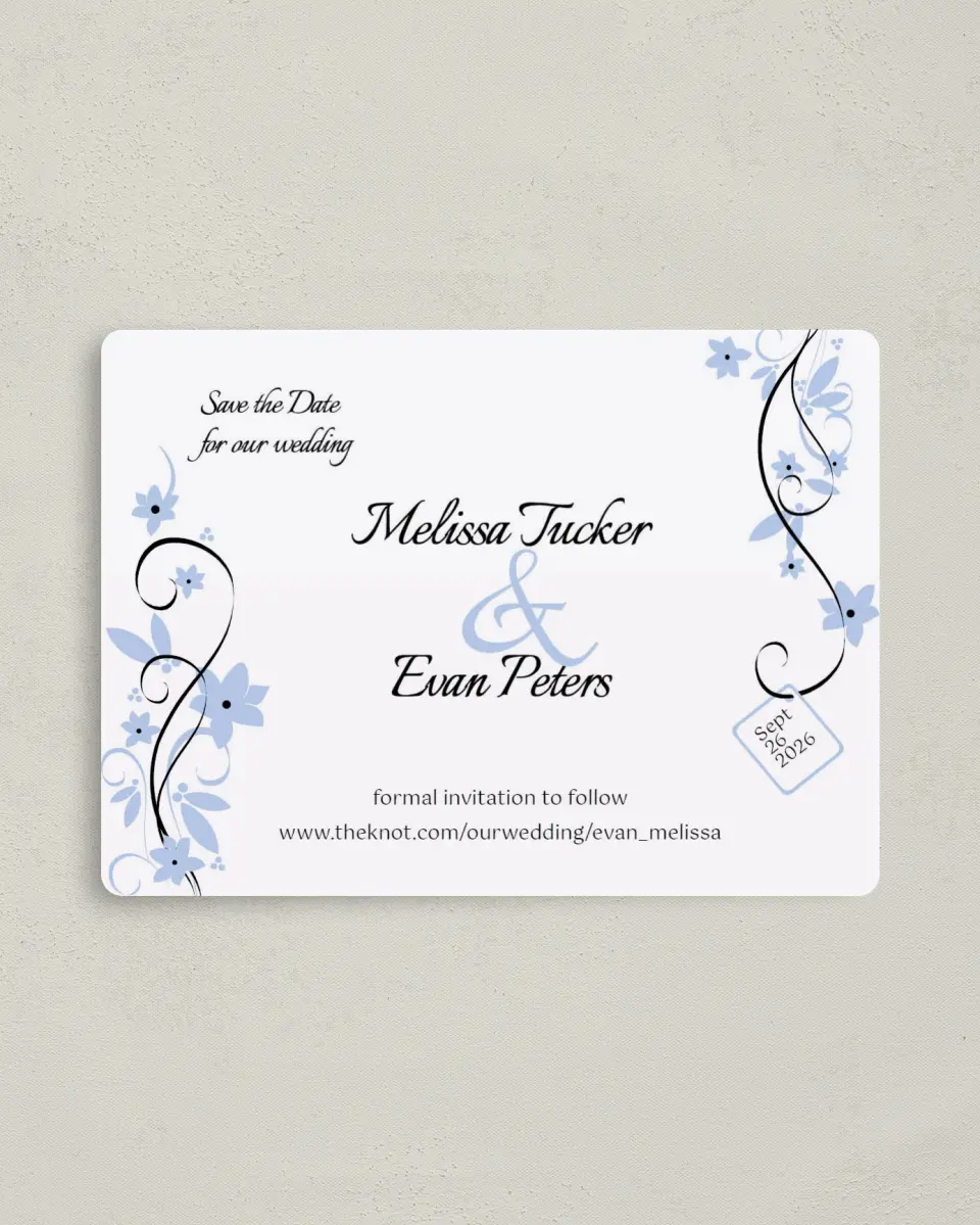 This is a 4" x 5½" Save the Date Magnet called Floral Flourish printed in full color with a Luxe Satin finish