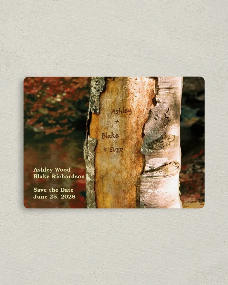 This is a 4" x 5½" Save the Date Magnet called Autumn printed in full color with a Luxe Satin finish