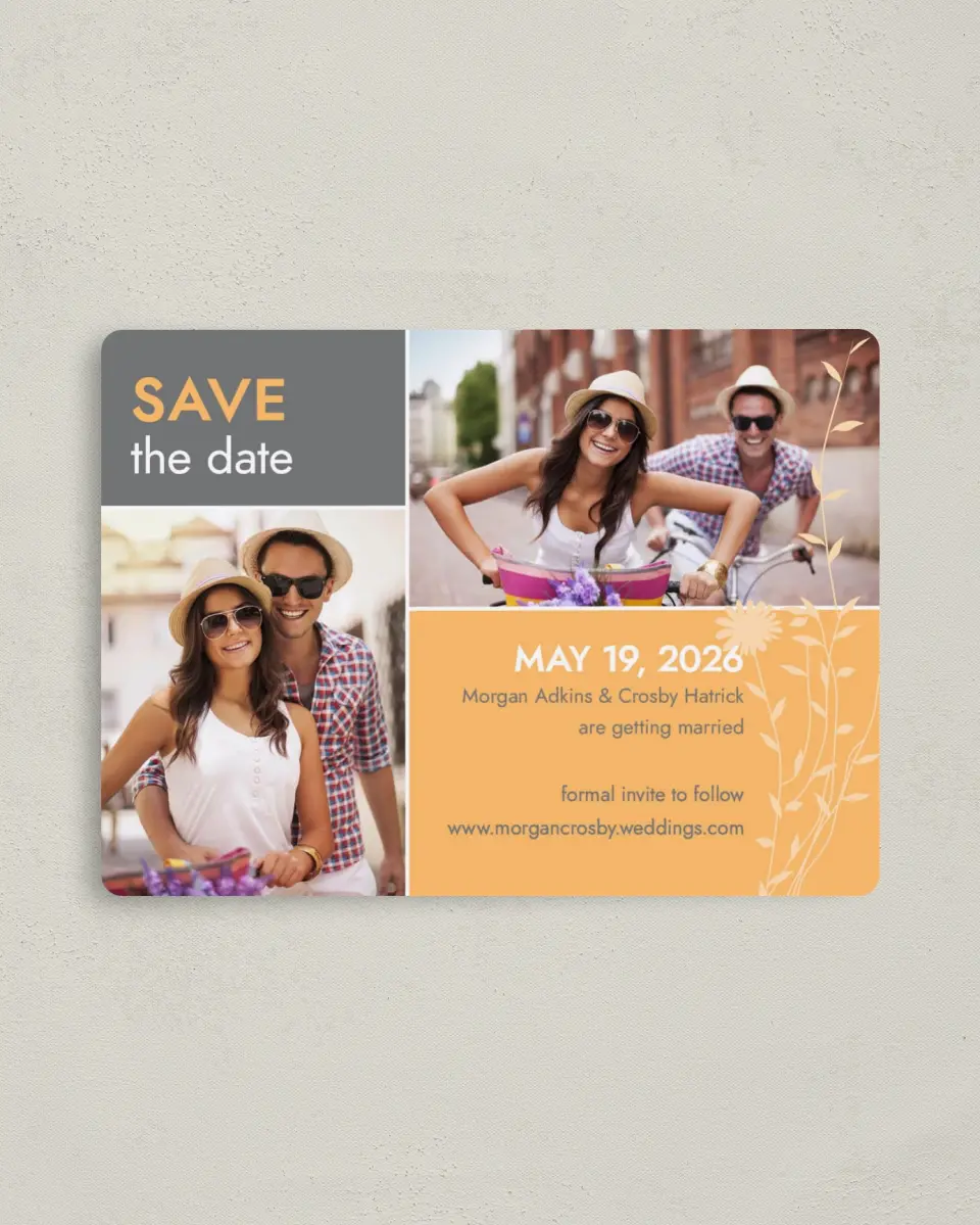 This is a 4" x 5½" Save the Date Magnet called Field of Love printed in full color with a Luxe Satin finish