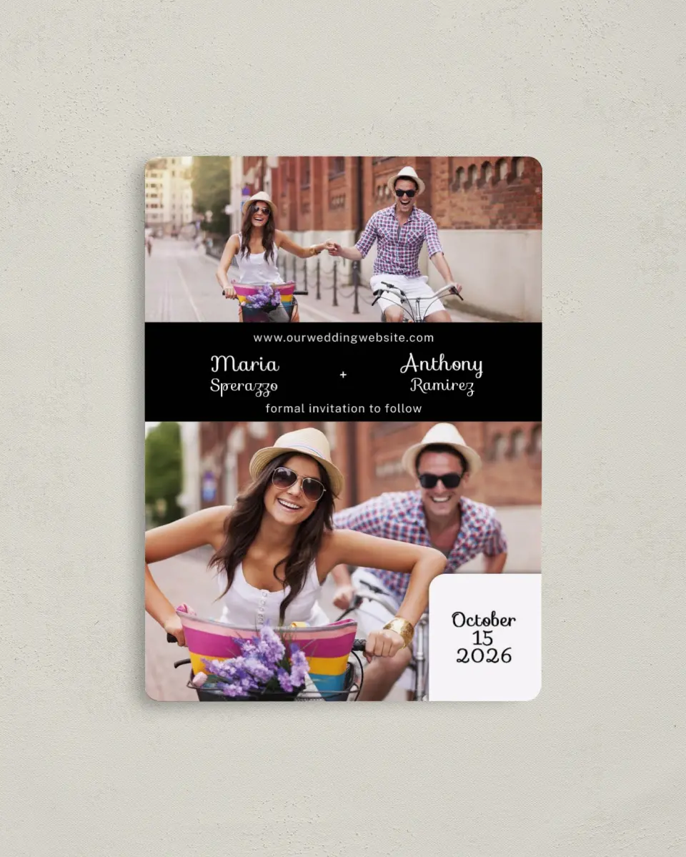 This is a 4" x 5½" Save the Date Magnet called All My Heart printed in full color with a Luxe Satin finish