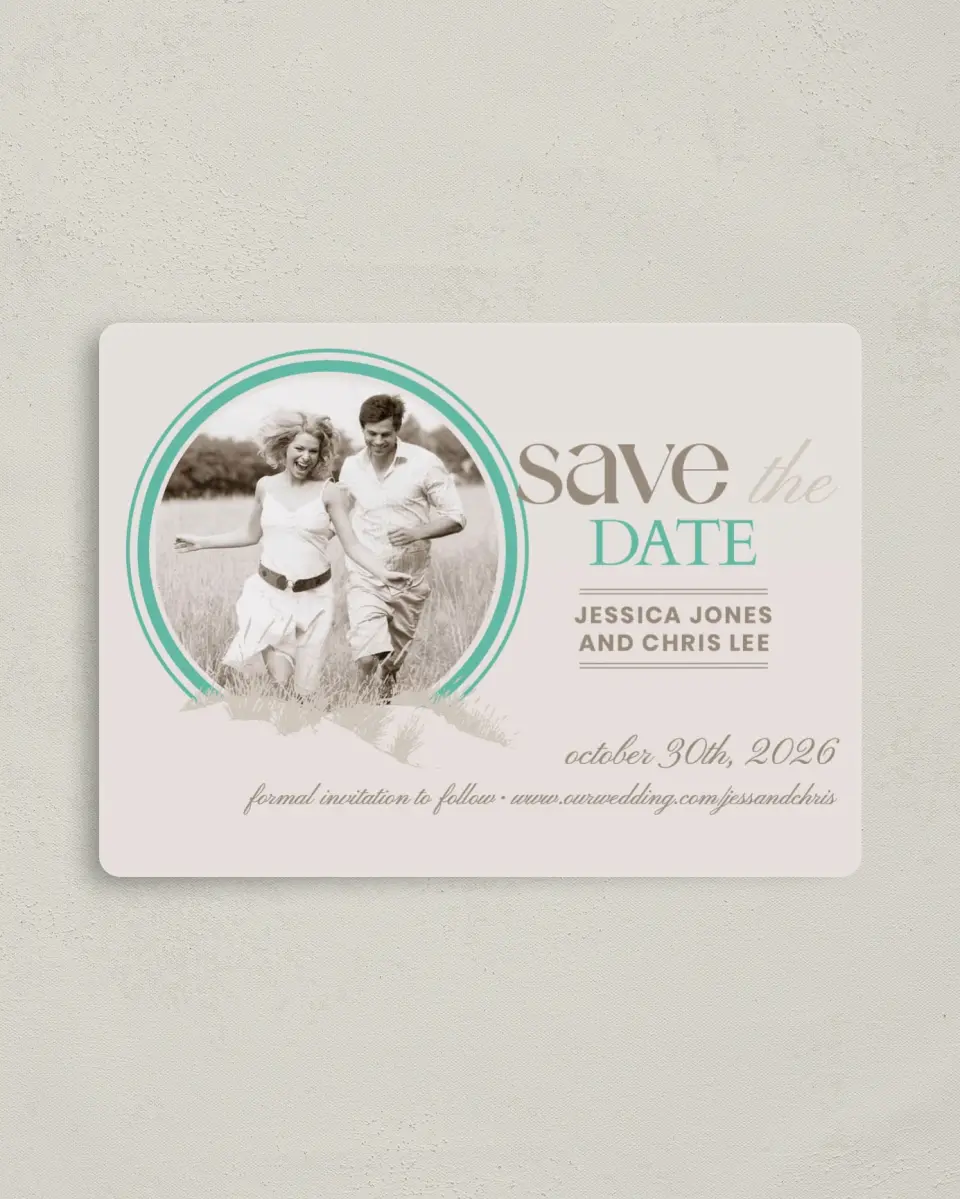 This is a 4" x 5½" Save the Date Magnet called Field of Dreams printed in full color with a Luxe Satin finish