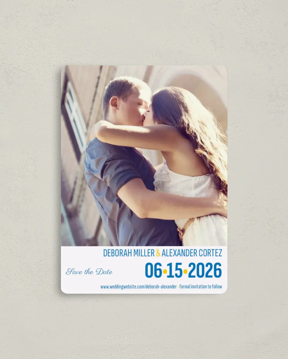 This is a 4" x 5½" Save the Date Magnet called I Got You Babe! printed in full color with a Luxe Satin finish