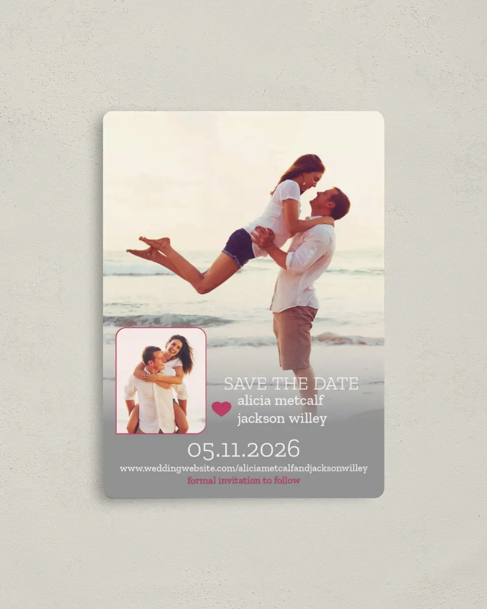 This is a 4" x 5½" Save the Date Magnet called Snapshot Sweetness printed in full color with a Luxe Satin finish