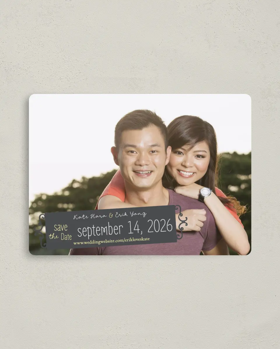 This is a 4" x 5½" Save the Date Magnet called Chalk it up to Love printed in full color with a Luxe Satin finish