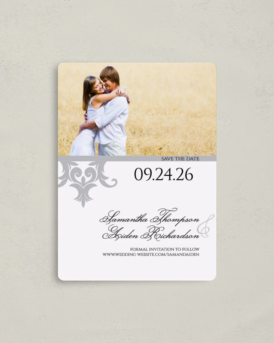 This is a 4" x 5½" Save the Date Magnet called Damask Elegance printed in full color with a Luxe Satin finish
