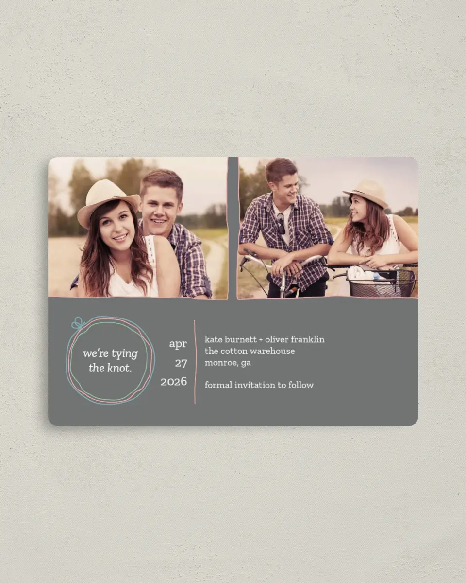 This is a 4" x 5½" Save the Date Magnet called Simple Knot printed in full color with a Luxe Satin finish