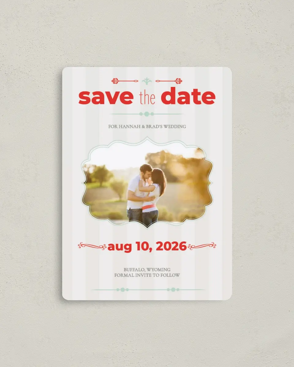 This is a 4" x 5½" Save the Date Magnet called Carnival Crush printed in full color with a Luxe Satin finish