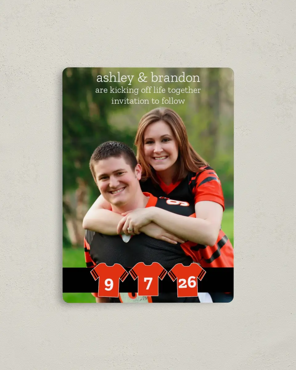 This is a 4" x 5½" Save the Date Magnet called Jerseys printed in full color with a Luxe Satin finish