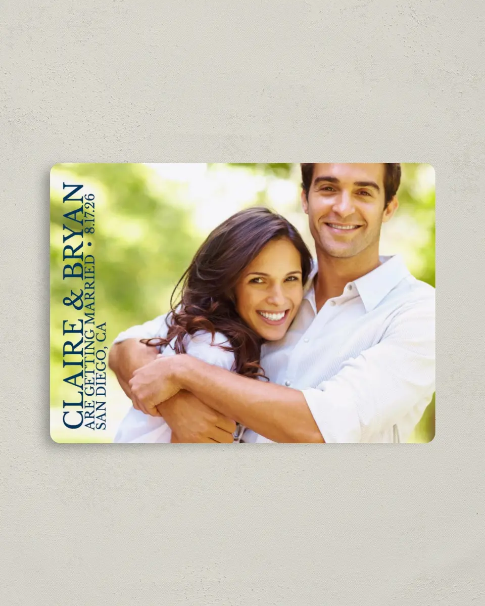 This is a 4" x 5½" Save the Date Magnet called Timeless Photo printed in full color with a Luxe Satin finish
