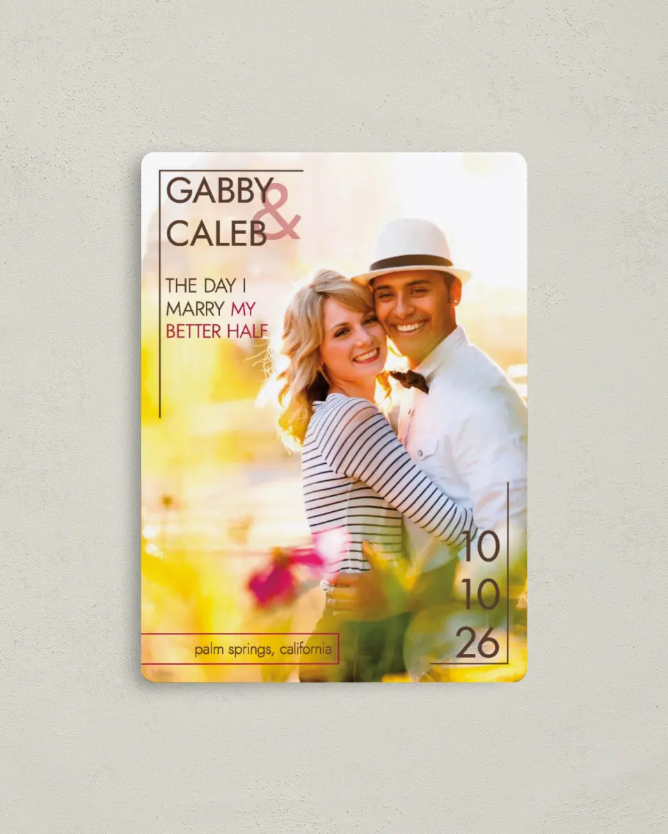 This is a 4" x 5½" Save the Date Magnet called Chic Lines printed in full color with a Luxe Satin finish