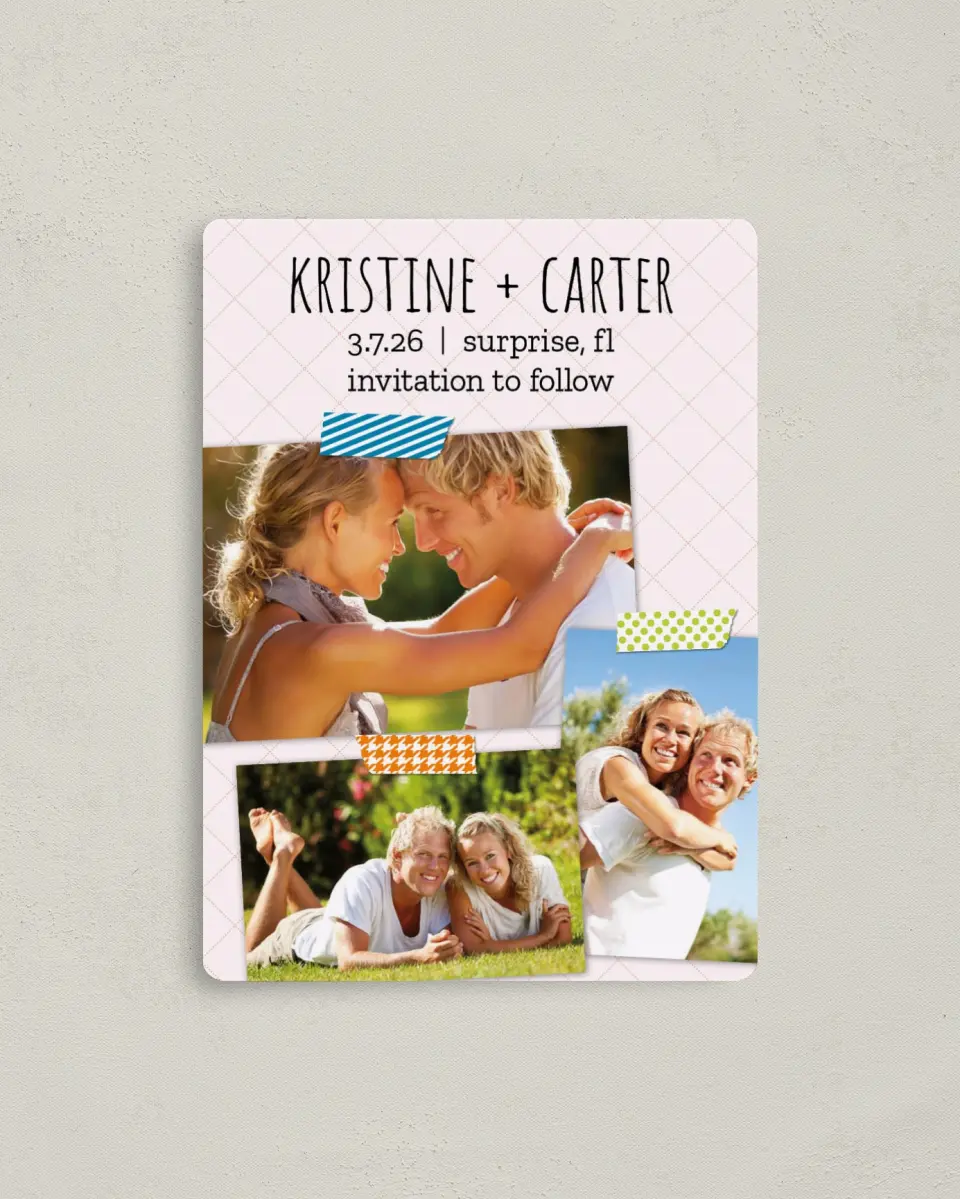 This is a 4" x 5½" Save the Date Magnet called Washi Photo Collection printed in full color with a Luxe Satin finish