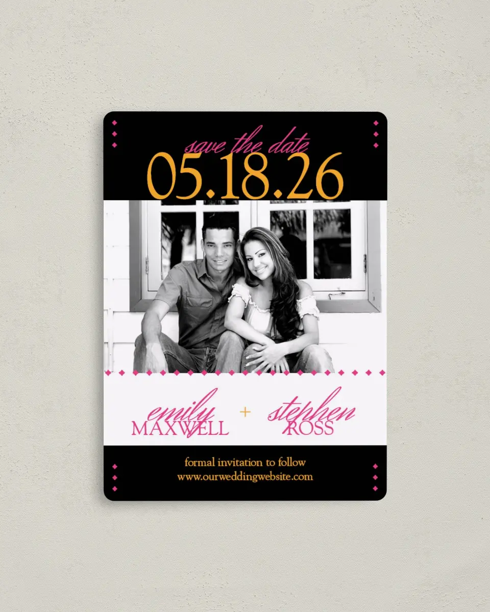 This is a 4" x 5½" Save the Date Magnet called Diamond Date printed in full color with a Luxe Satin finish