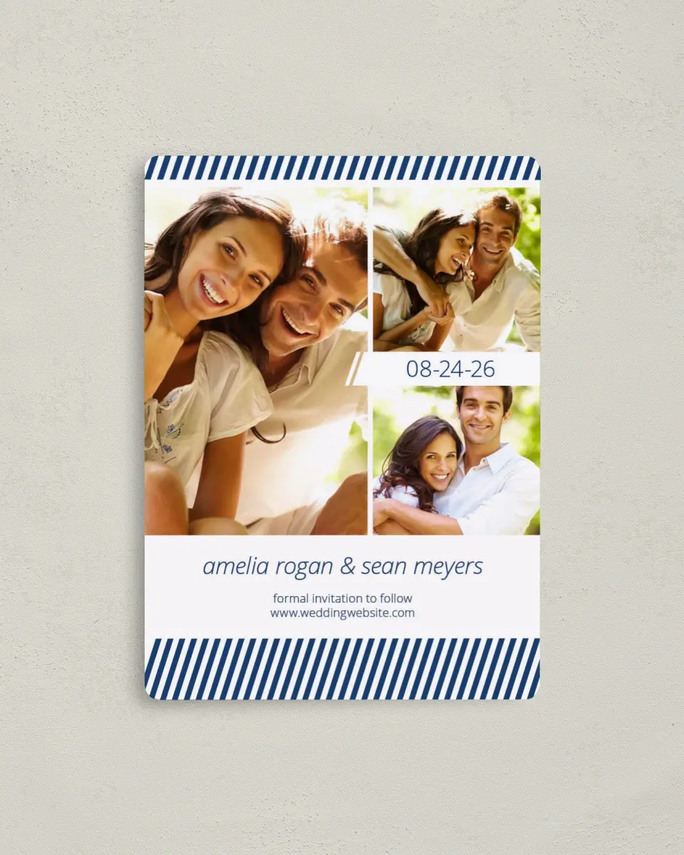 This is a 4" x 5½" Save the Date Magnet called Hidden Stripe printed in full color with a Luxe Satin finish