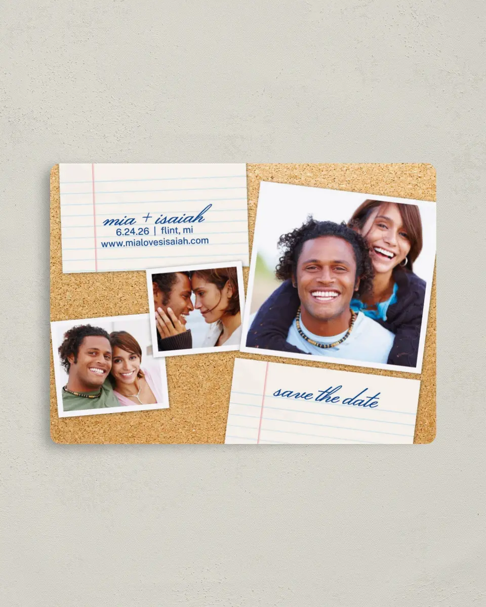 This is a 4" x 5½" Save the Date Magnet called Sweet Snapshots printed in full color with a Luxe Satin finish