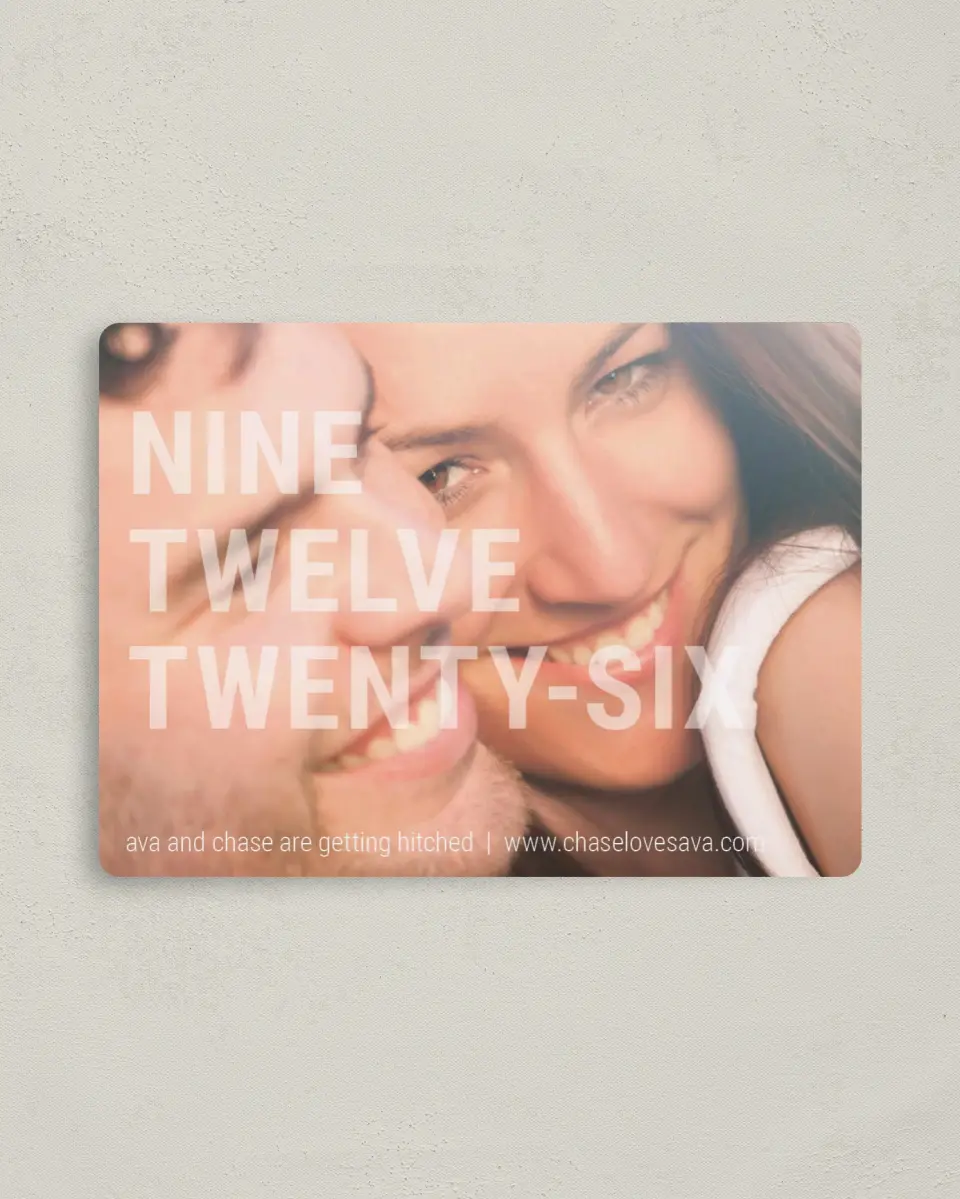 This is a 4" x 5½" Save the Date Magnet called See Through Love printed in full color with a Luxe Satin finish
