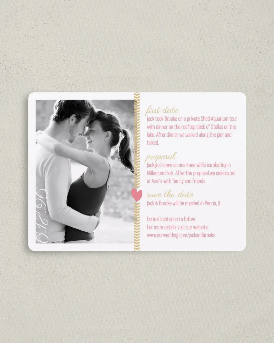 This is a 4" x 5½" Save the Date Magnet called Story of Us printed in full color with a Luxe Satin finish