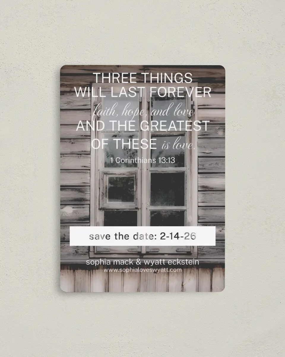 This is a 4" x 5½" Save the Date Magnet called Rustic Retreat printed in full color with a Luxe Satin finish