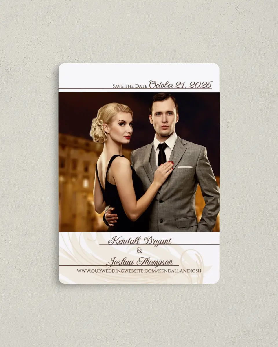 This is a 4" x 5½" Save the Date Magnet called Whispering Feather printed in full color with a Luxe Satin finish
