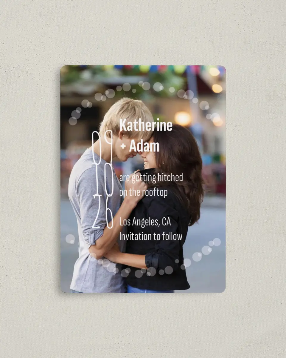 This is a 4" x 5½" Save the Date Magnet called Rooftop Party printed in full color with a Luxe Satin finish