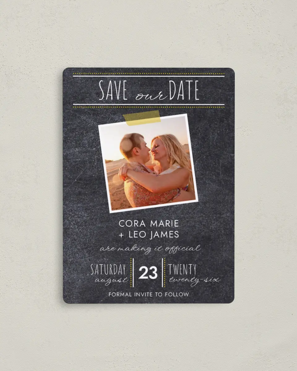 This is a 4" x 5½" Save the Date Magnet called Modern Chalkboard printed in full color with a Luxe Satin finish
