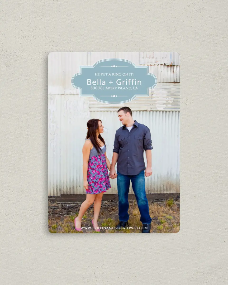 This is a 4" x 5½" Save the Date Magnet called Storybook Ending printed in full color with a Luxe Satin finish