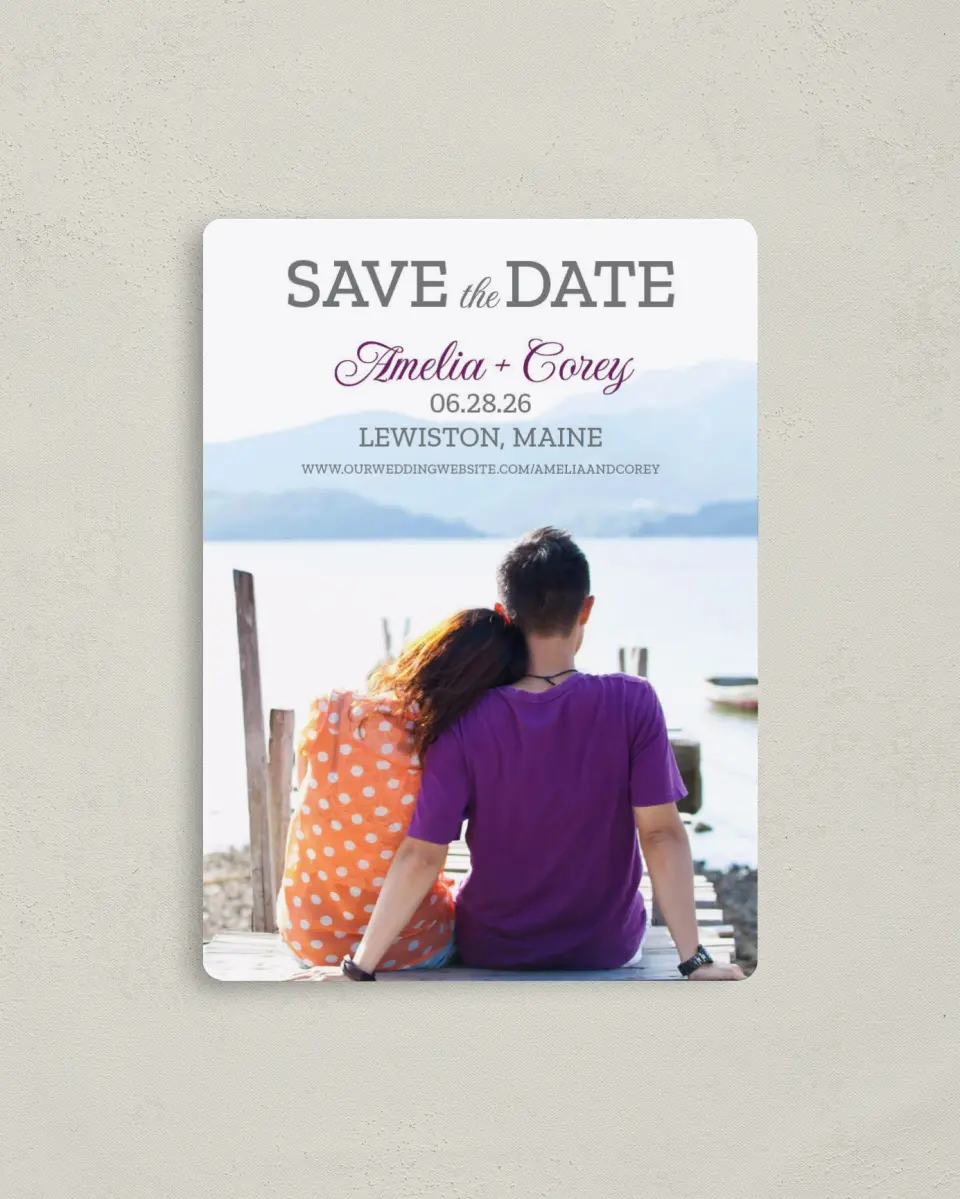 This is a 4" x 5½" Save the Date Magnet called Simply Smitten printed in full color with a Luxe Satin finish