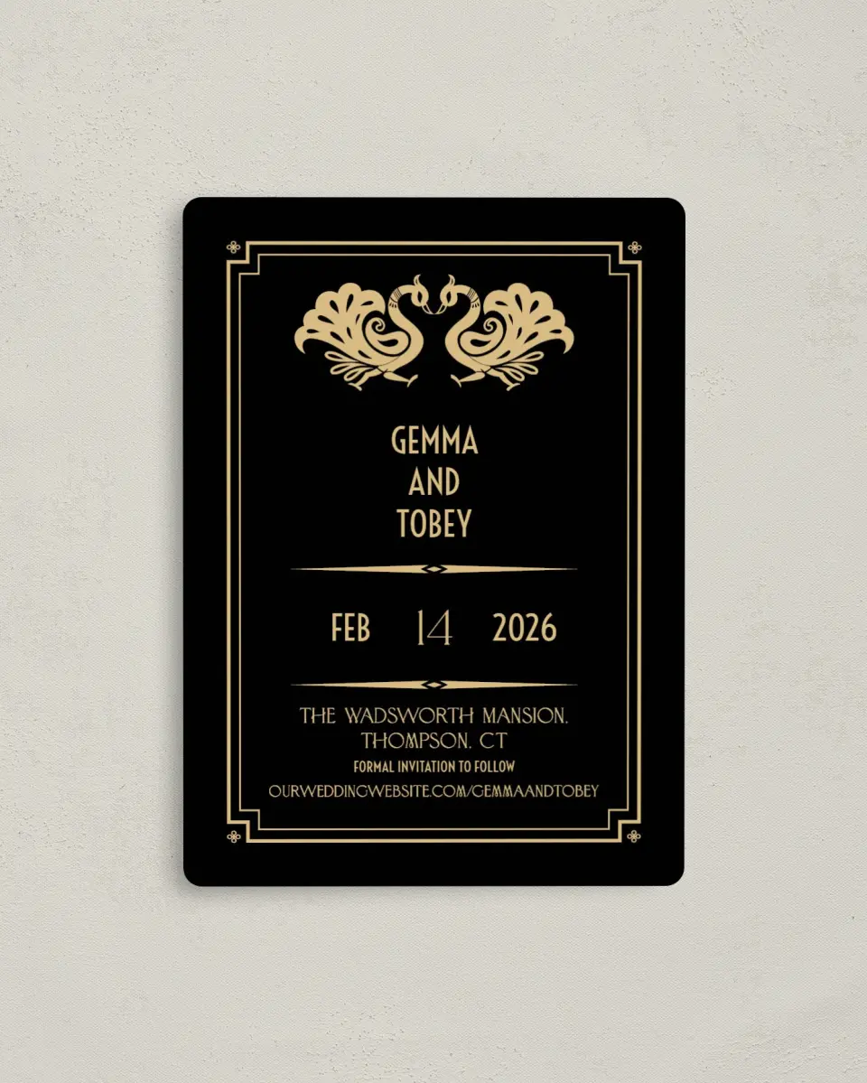 This is a 4" x 5½" Save the Date Magnet called Deco Glam printed in full color with a Luxe Satin finish