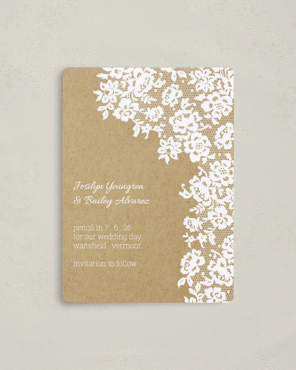 This is a 4" x 5½" Save the Date Magnet called Floral Lace printed in full color with a Luxe Satin finish