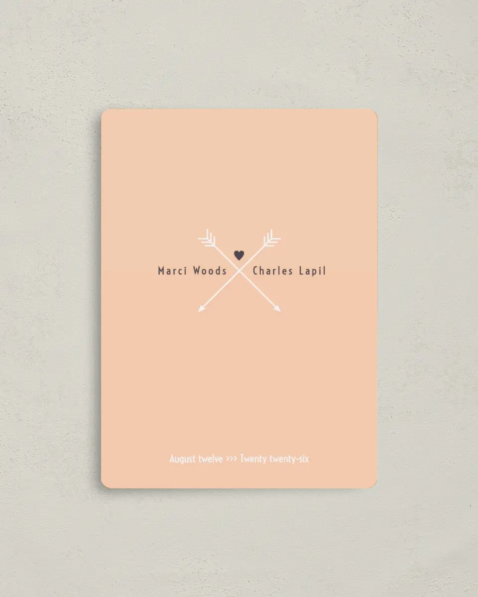 This is a 4" x 5½" Save the Date Magnet called Love Arrows printed in full color with a Luxe Satin finish