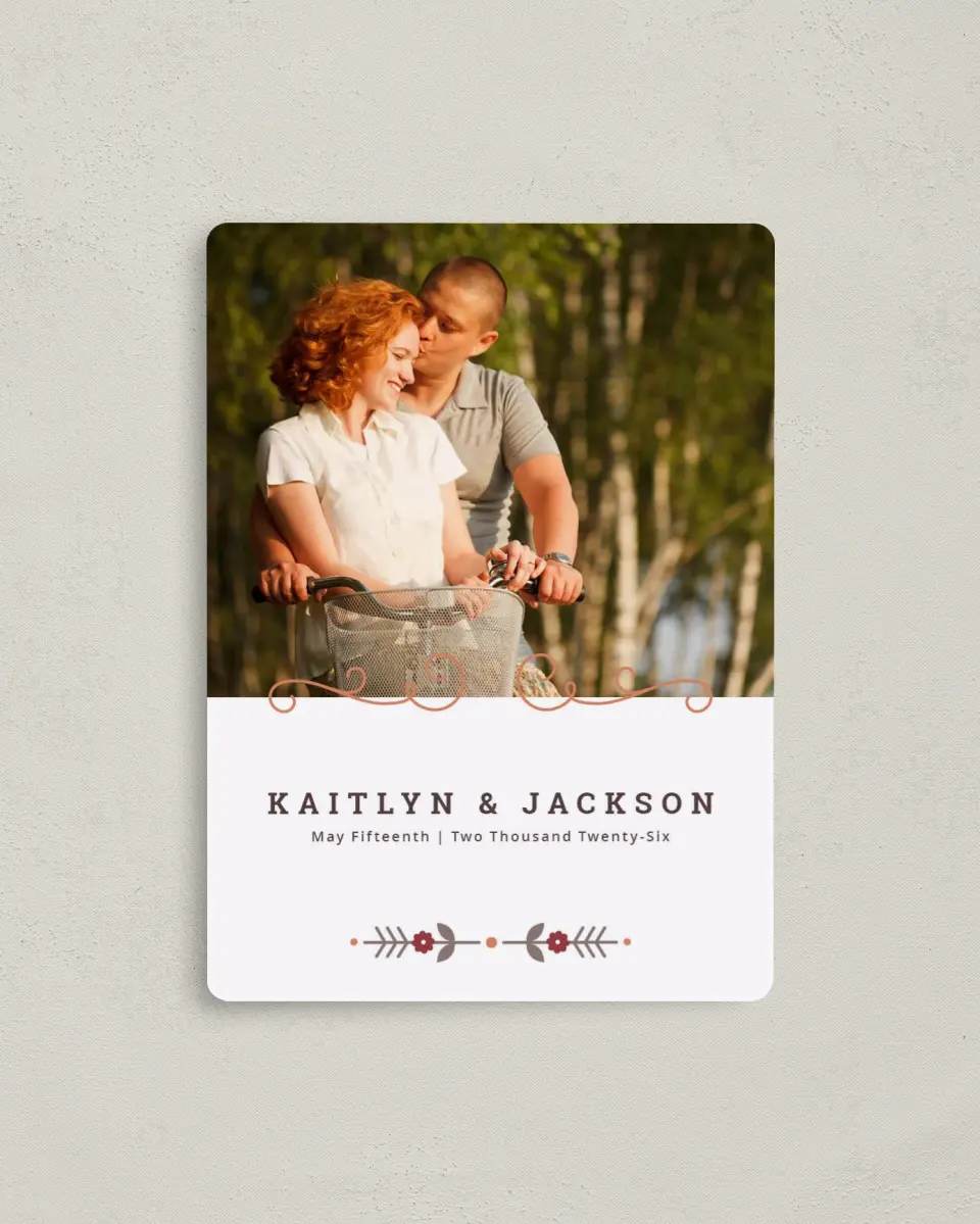 This is a 4" x 5½" Save the Date Magnet called Fall Treasures printed in full color with a Luxe Satin finish