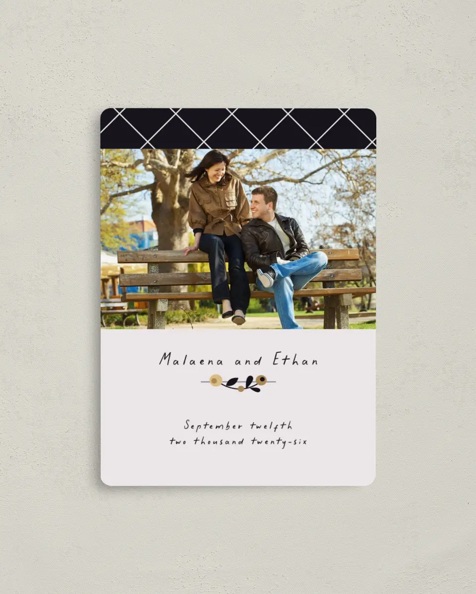 This is a 4" x 5½" Save the Date Magnet called An Autumn Affair printed in full color with a Luxe Satin finish