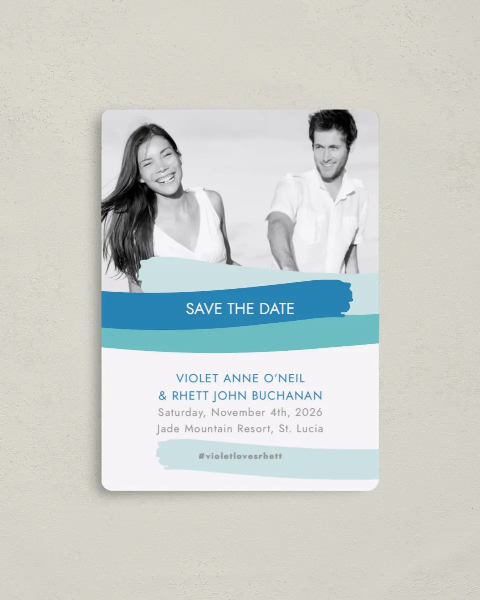 This is a 4" x 5½" Save the Date Magnet called Making Waves printed in full color with a Luxe Satin finish
