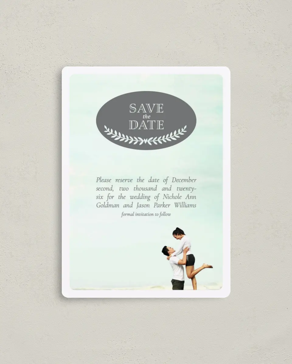 This is a 4" x 5½" Save the Date Magnet called Modern Fairytale printed in full color with a Luxe Satin finish