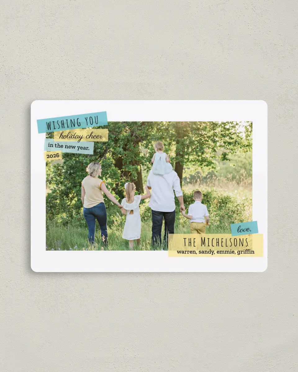 This is a 4" x 5½" Christmas Card called New Year Cheer printed in full color with Silver foil and a Luxe Satin finish