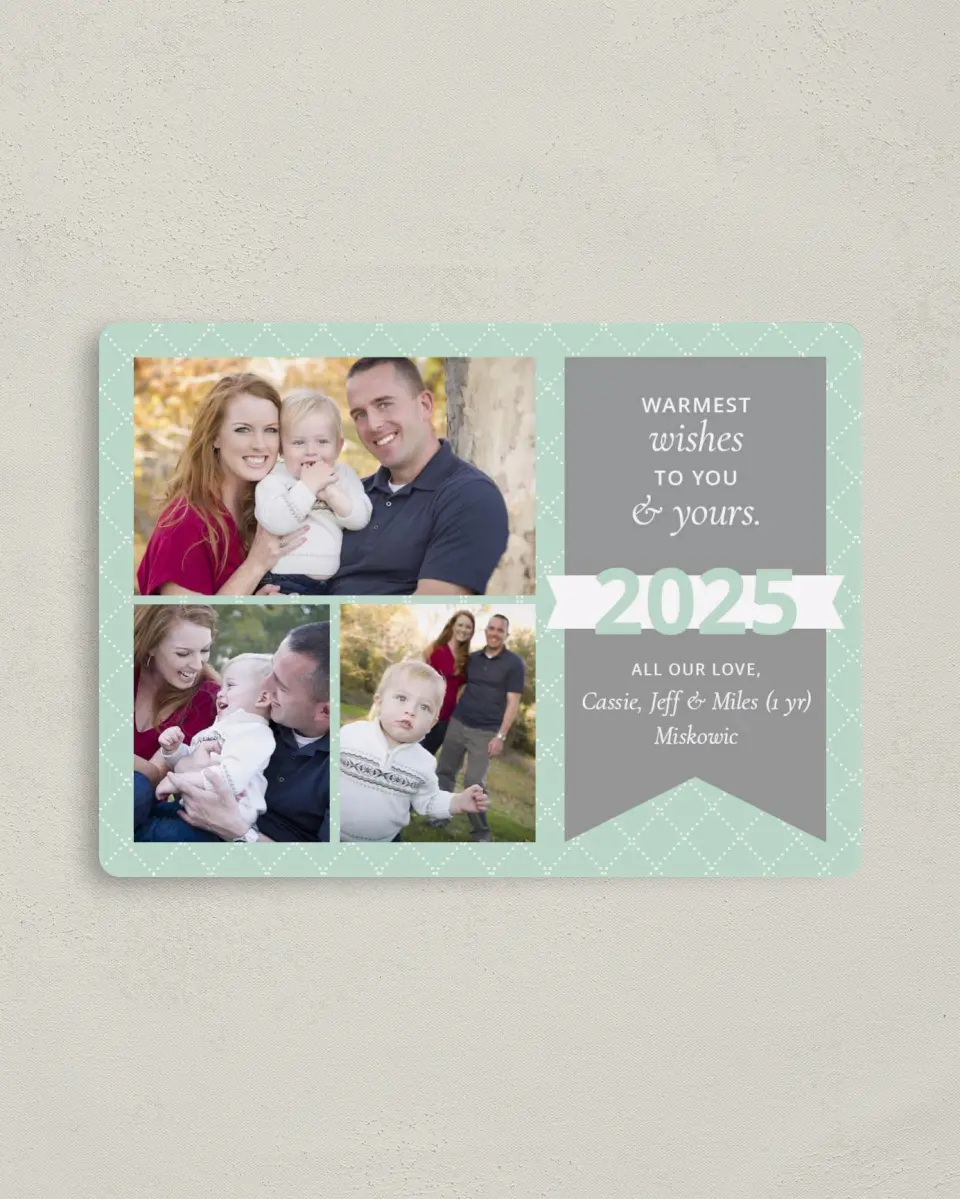 This is a 4" x 5½" Christmas Card called Ribbon Wish printed in full color with a Luxe Satin finish