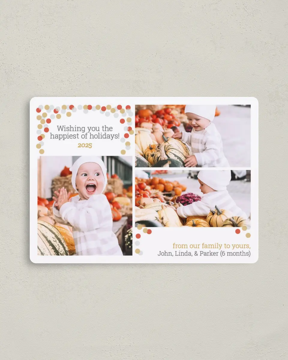 This is a 4" x 5½" Christmas Card called Holiday Sparkle printed in full color with Silver foil and a Luxe Satin finish